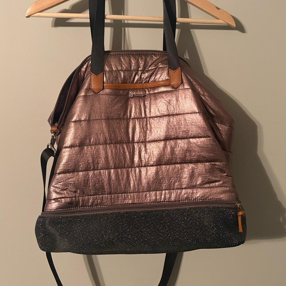 Stella & Dot crush it rose gold quilted tote bag with black glitter base